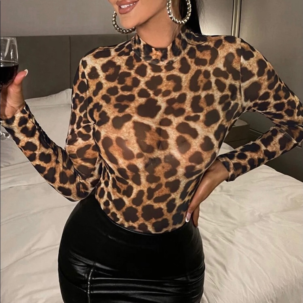 Leopard print sheer mesh mock neck top